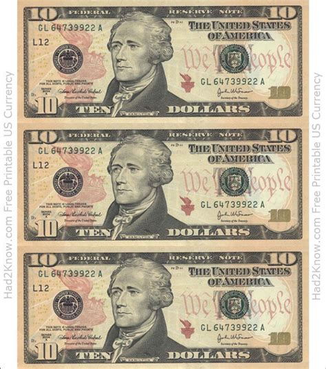 Ten Dollar Bill Printable